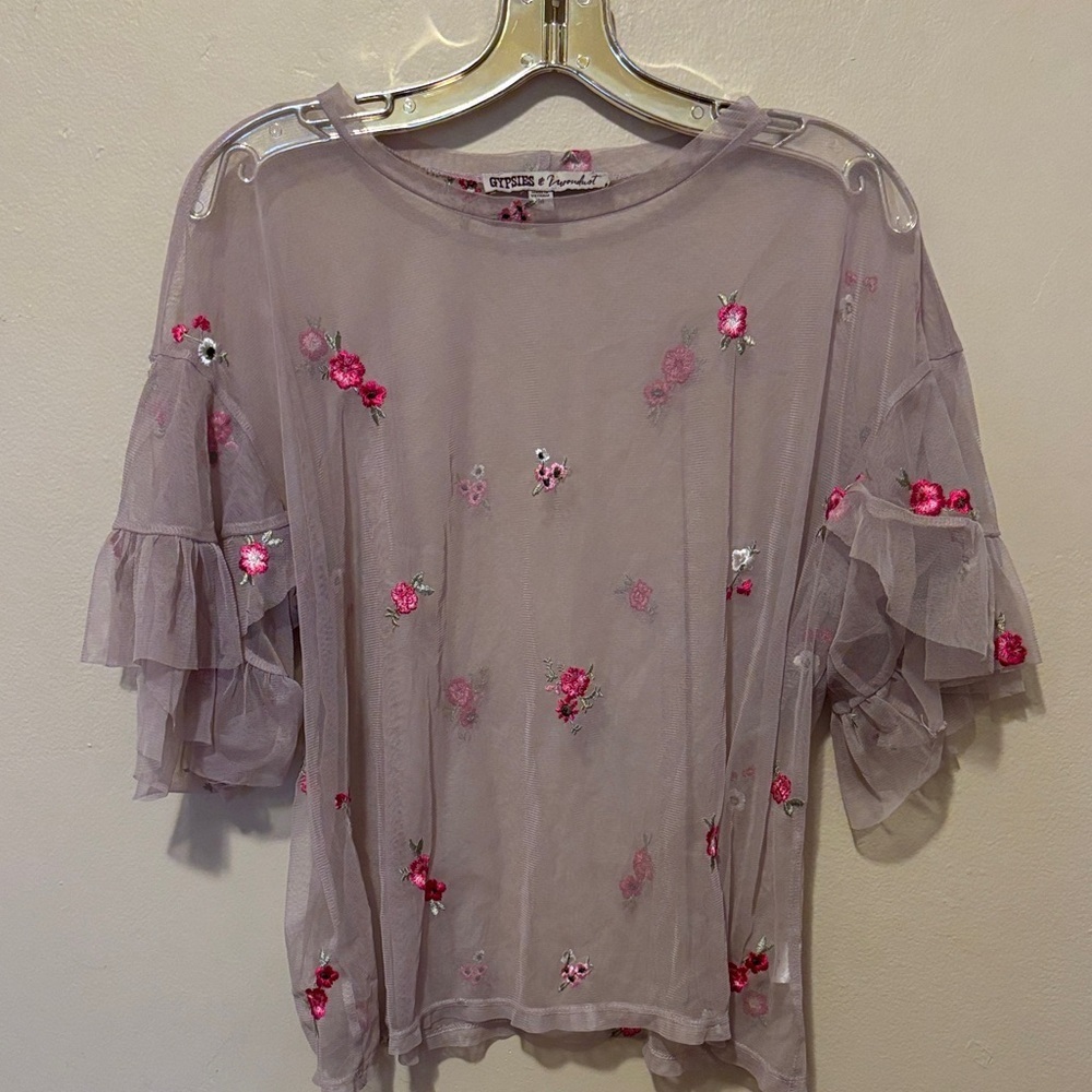 Gypsies & Moondust Sheer Blouse - Lavender with Pink Floral Embroidery